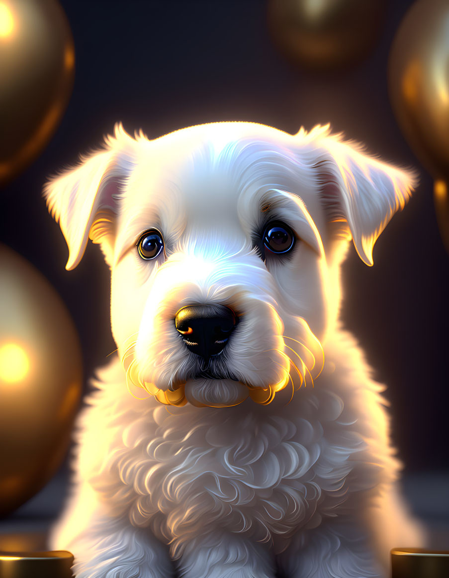 Adorable white puppy illustration with shiny fur and golden balloons