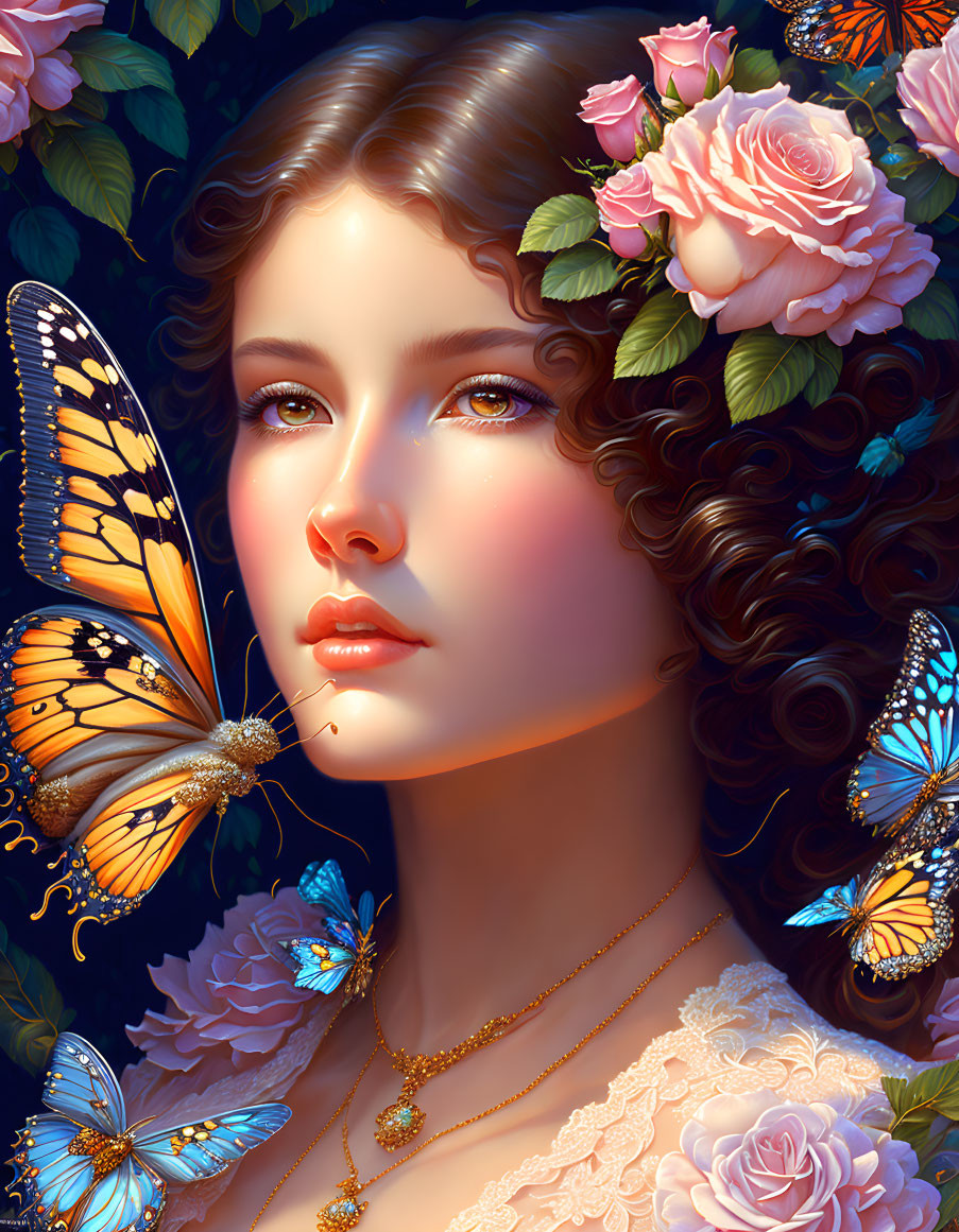 Digital art portrait of woman with curly hair, butterflies, and flowers.