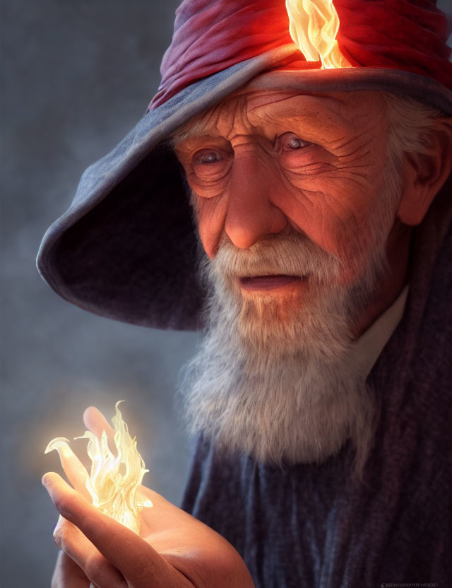 Elderly man in red turban gazes at mystical flame in dimly lit setting