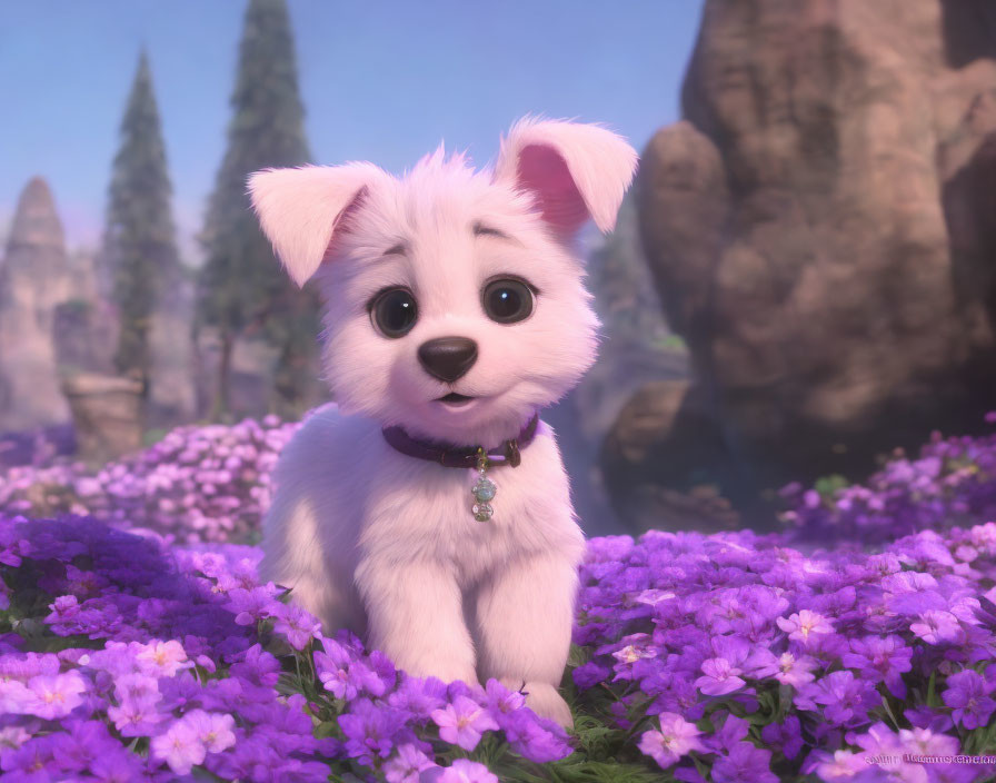 Fluffy white puppy in field of purple flowers