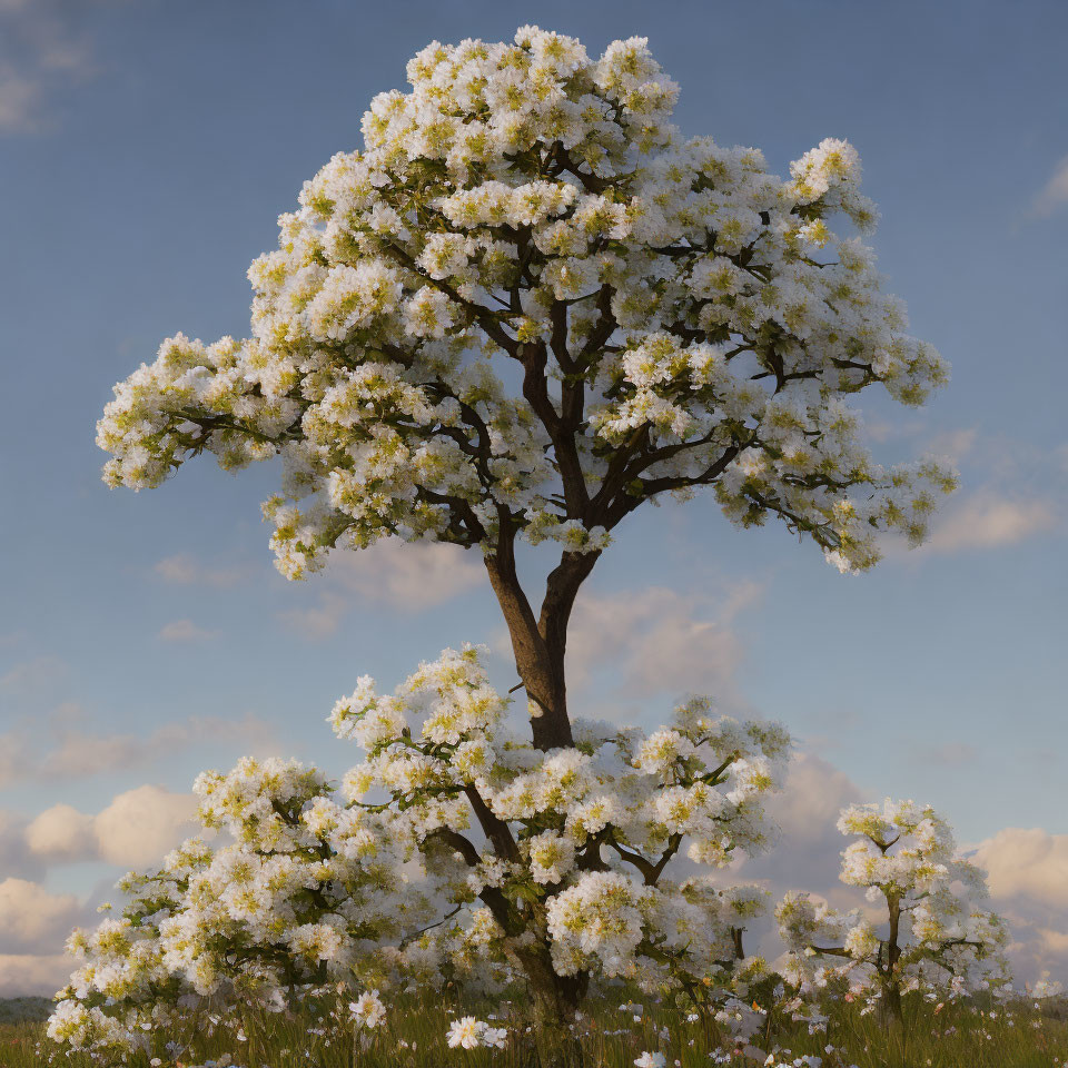 White Blossom Tree in Lush Green Landscape Under Blue Sky