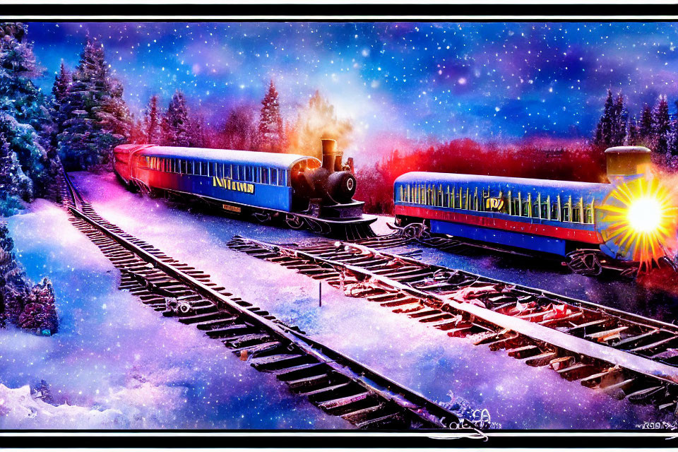 Colorful vintage steam train illustration in snowy night landscape