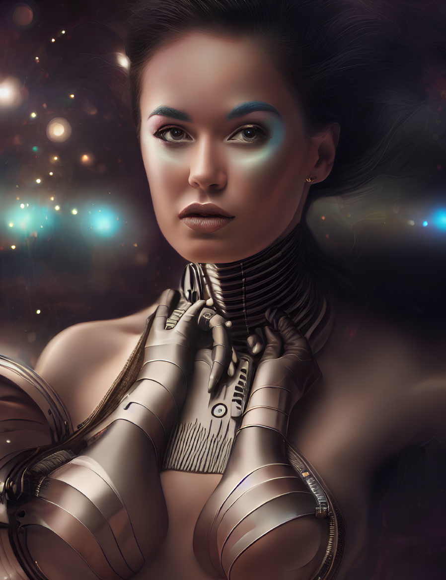 Digital artwork: Woman with cybernetic body in cosmic setting