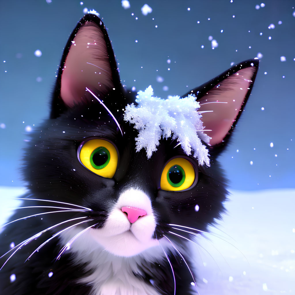 Black and white cat with yellow eyes in snowfall scenery