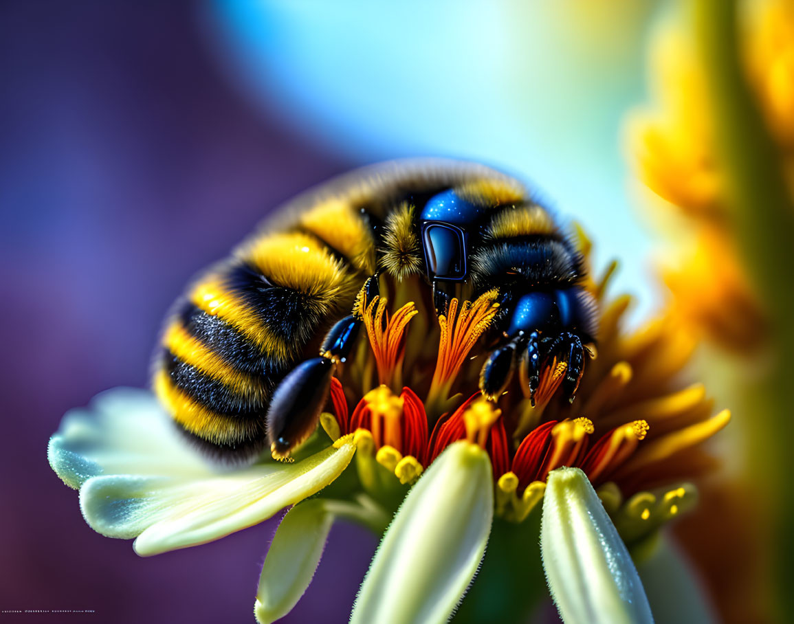 Macro photograph: Bumblebee on vibrant flower with striped abdomen and detailed wings.