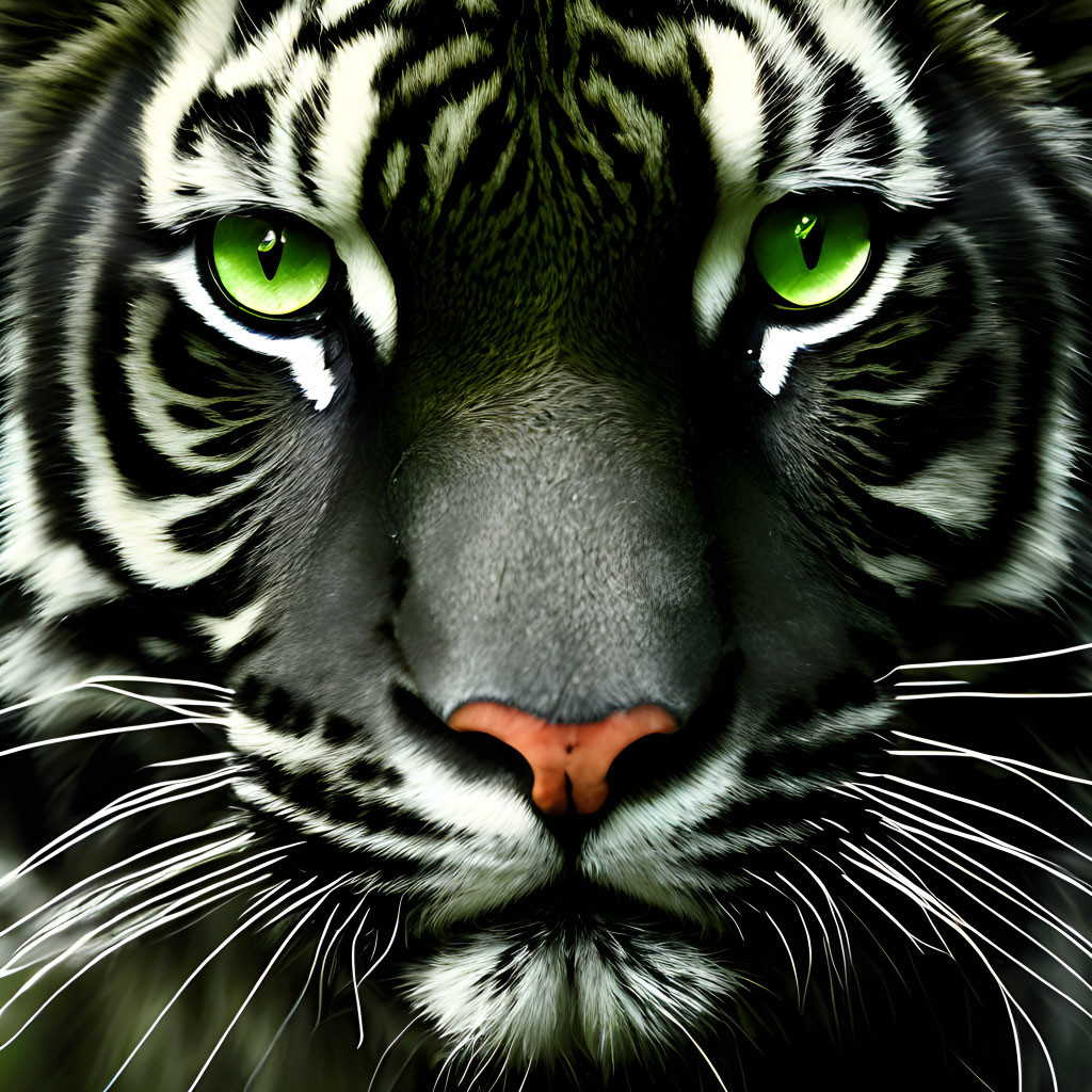 Detailed Close-up of Tiger's Striped Face and Green Eyes