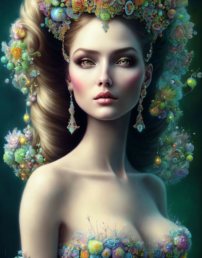 Digital art portrait of woman with floral hairstyle & nature-inspired accessories.