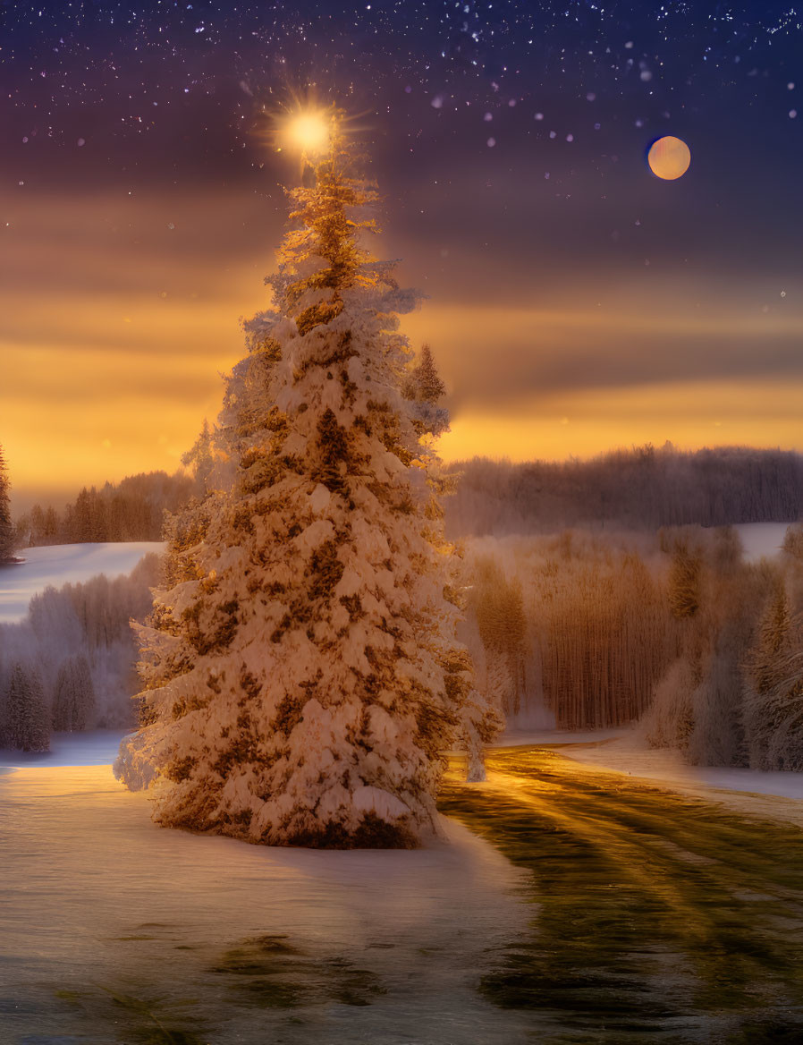 Snow-covered tree under star, twilight sky, full moon, snowy forest landscape