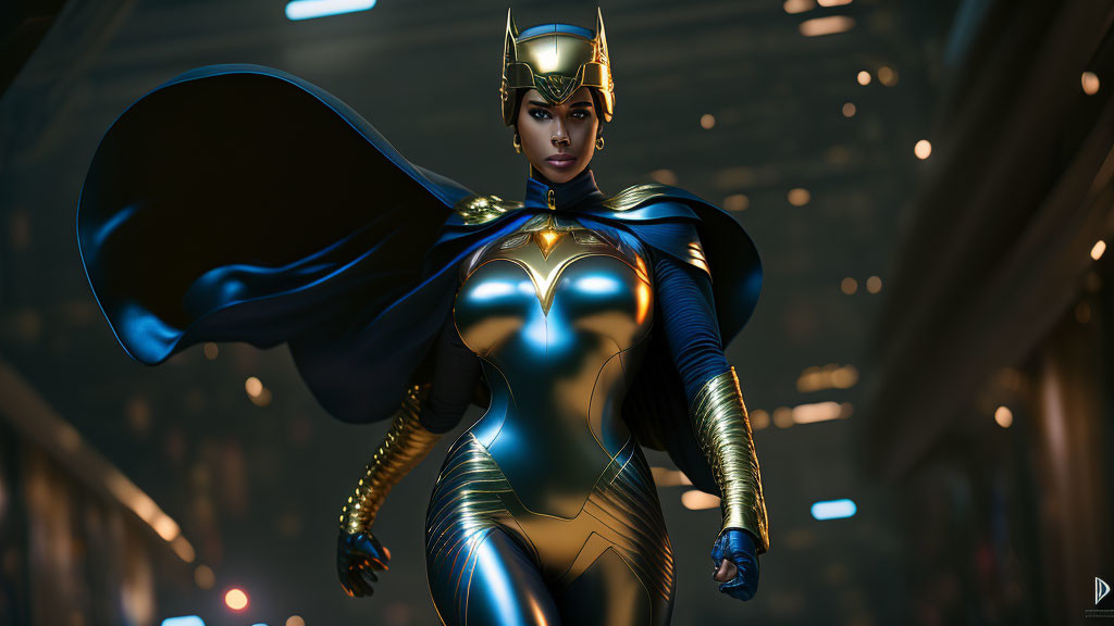 Female superhero in blue and gold costume in futuristic corridor