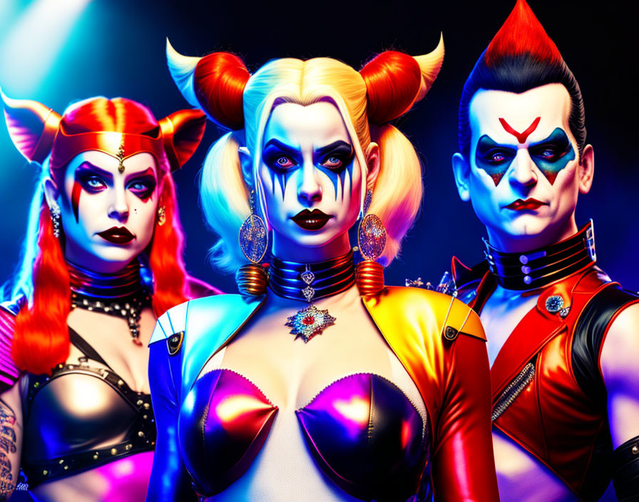 Three fantasy characters in theatrical makeup with bright colors and exaggerated features on a dark blue background