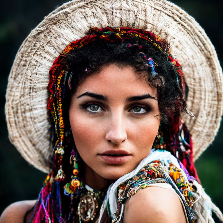 Woman with Green Eyes Wearing Headscarf, Straw Hat, and Bohemian Jewelry