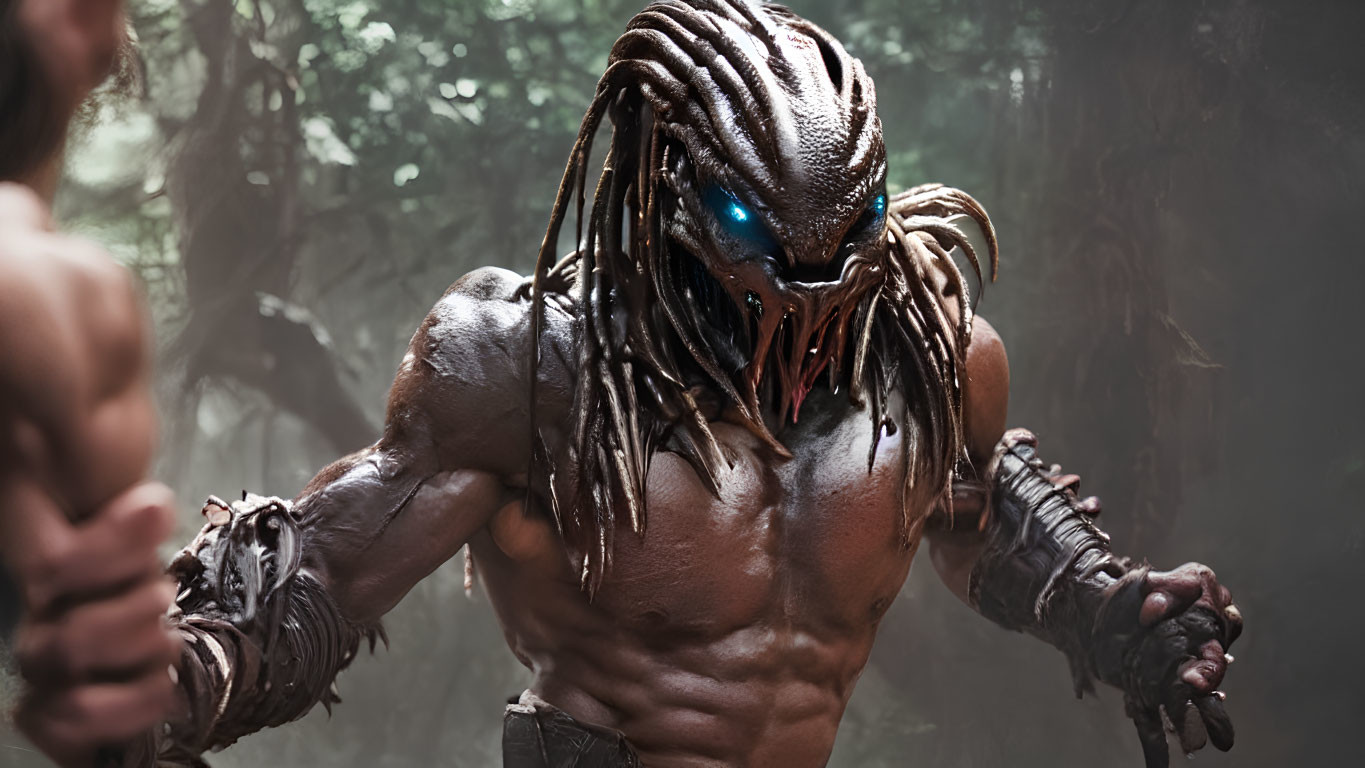 Muscular alien in armor with dreadlocks and sharp claws in misty forest