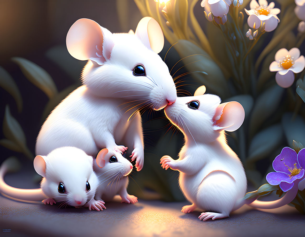 Cartoon mice in floral setting with soft lighting for serene ambiance