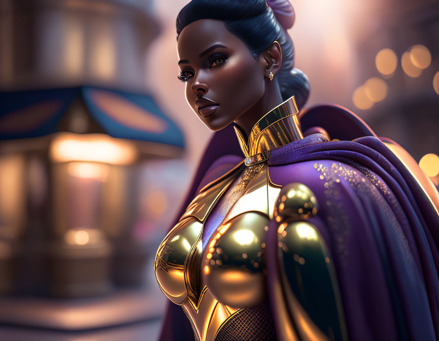 Stylized 3D render: Powerful female character in gold armor and purple cape against city backdrop