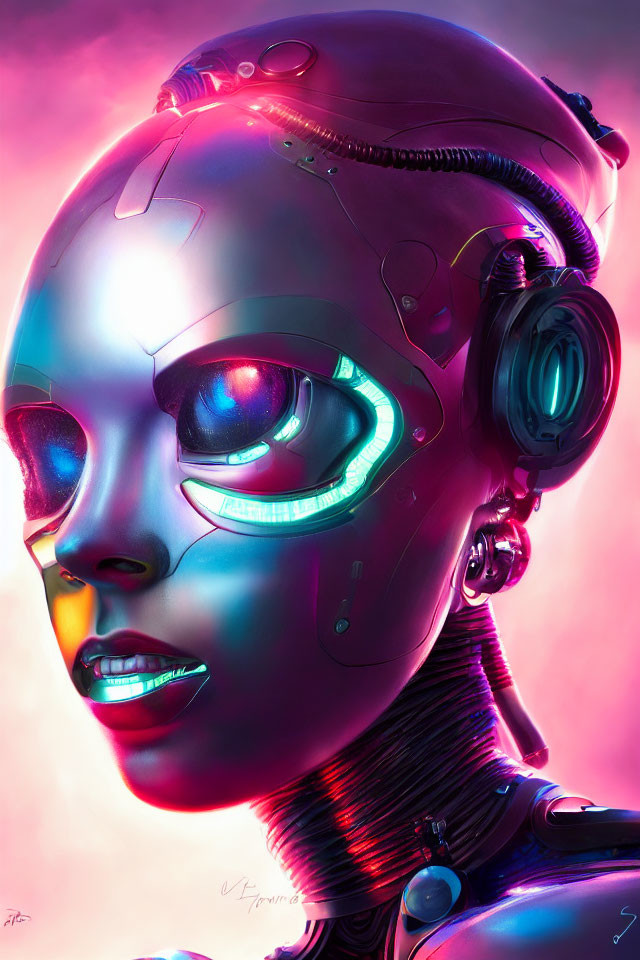 Detailed portrait of female humanoid robot with glowing blue eyes on vibrant pink backdrop