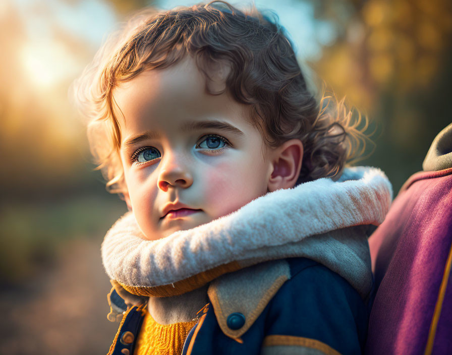 Curly-Haired Toddler in Sunlight with Cozy Jacket