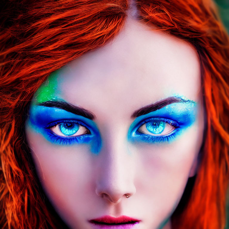 Vibrant red hair and striking blue eye makeup with a touch of green