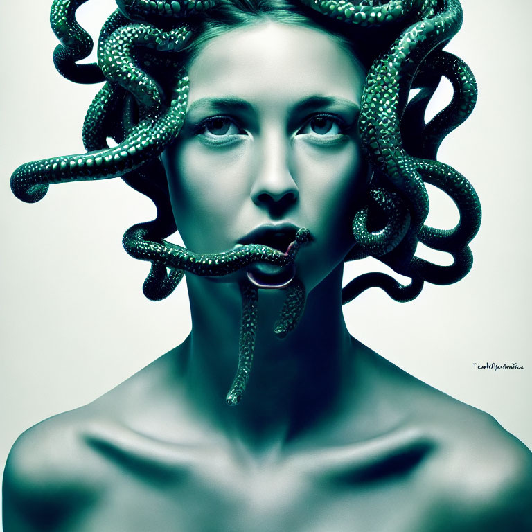 Medusa-like Woman with Serpentine Hair and Snake in Mouth against Teal Background