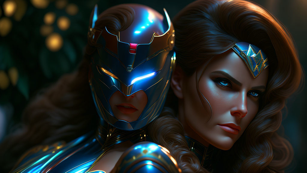 Realistic female superhero with glowing elements and intense gaze.