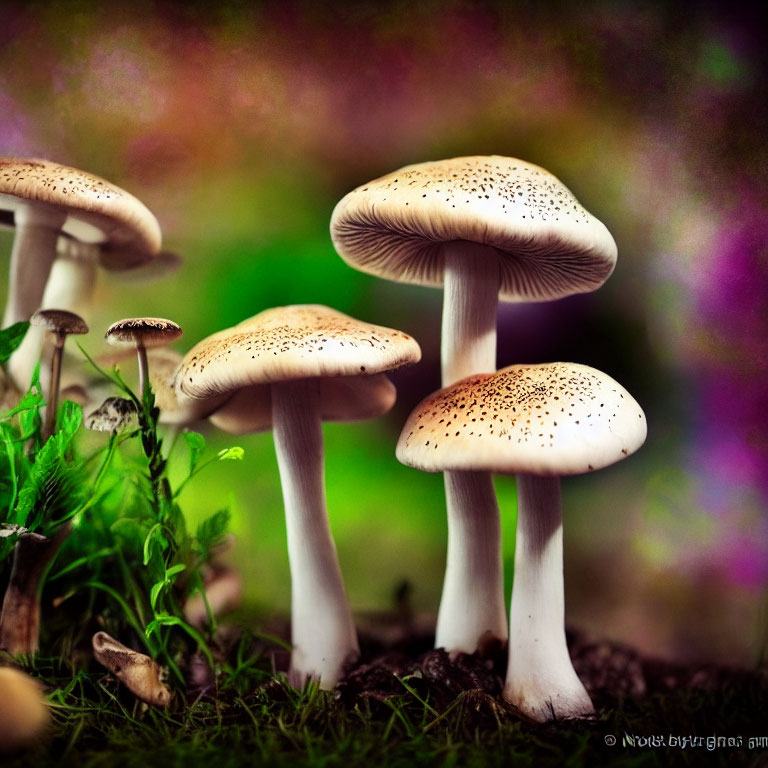 White Mushrooms with Speckled Caps in Garden Background