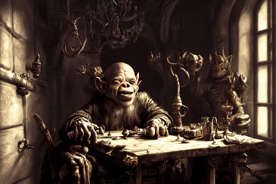 Detailed fantasy scene: Orc-like creature grinning at a cluttered table in dimly lit room with