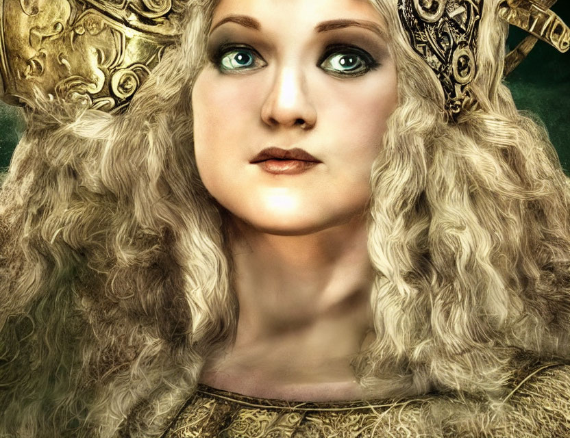 Regal woman with blonde hair and golden crown exudes confidence