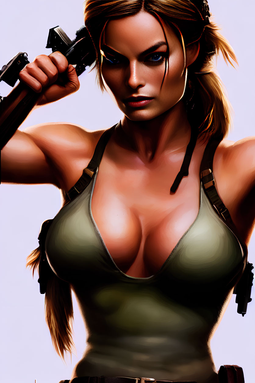 Digital artwork of female character with gun, tank top, headphones, brown hair.