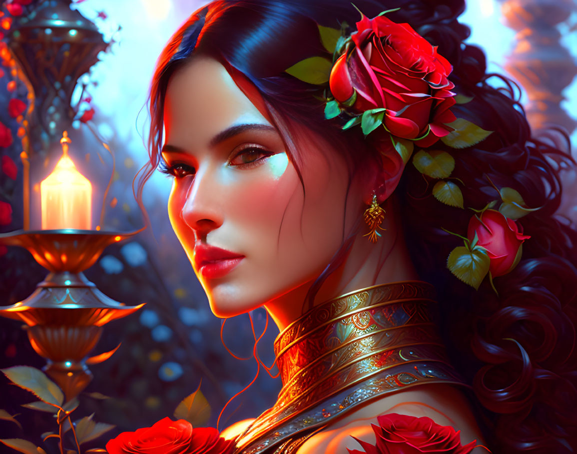 Woman adorned with roses and golden jewelry under warm lantern light