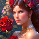 Woman with Floral Crown and Red Rose in Colorful Flower Surroundings