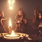 Four witches in hats around cauldron with fire in misty forest, one with candelabra