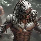 Muscular alien in armor with dreadlocks and sharp claws in misty forest