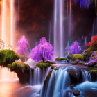 Vibrant orange light cascades over surreal waterfall in mystical landscape