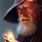 Elderly man in red turban gazes at mystical flame in dimly lit setting