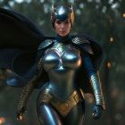 Female superhero in blue and gold costume in futuristic corridor