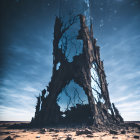 Surreal landscape featuring towering monolith and celestial elements