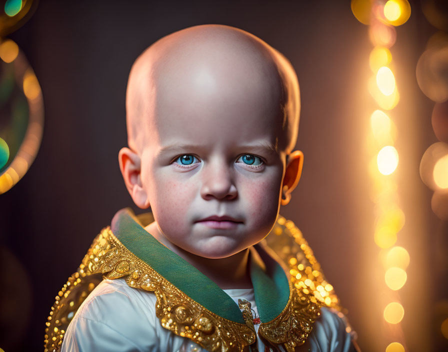 Portrait of child in fancy costume with solemn expression and bald head, backlit by bokeh lights