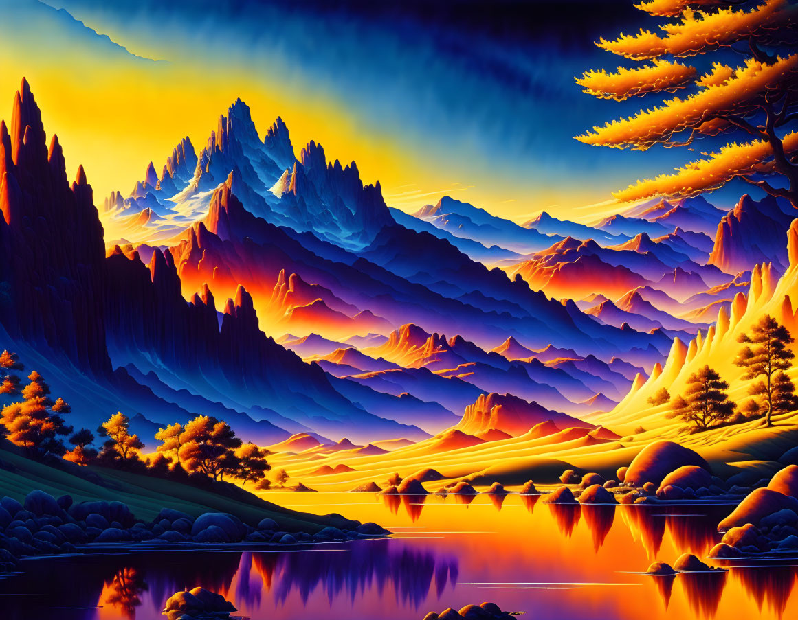 Colorful Landscape with Stylized Mountains, Lake, Autumn Trees, and Sunset Sky