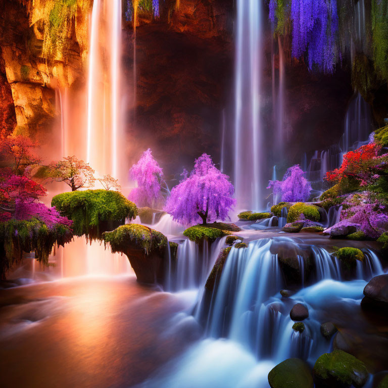 Majestic purple waterfall with mossy rocks and sunbeams