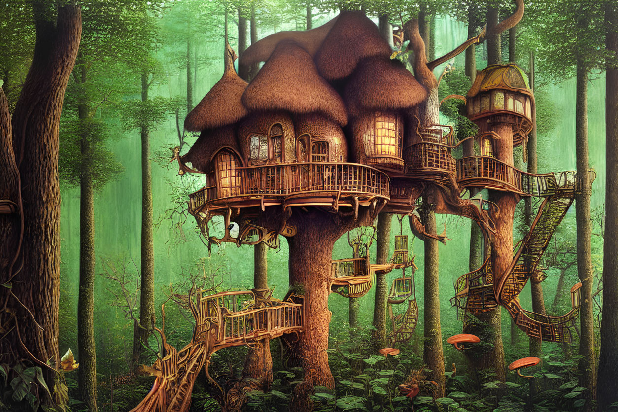 Enchanted treehouse with wooden bridges and towers in lush forest