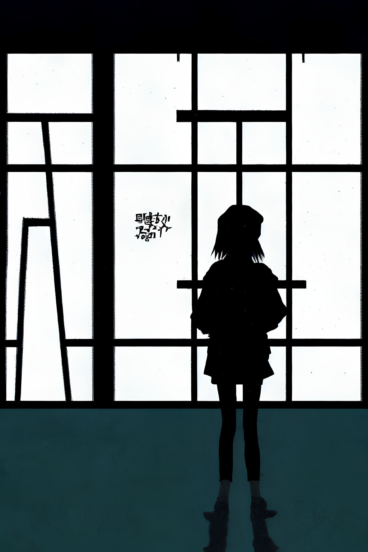 Person silhouette by large window with white panes and Japanese text