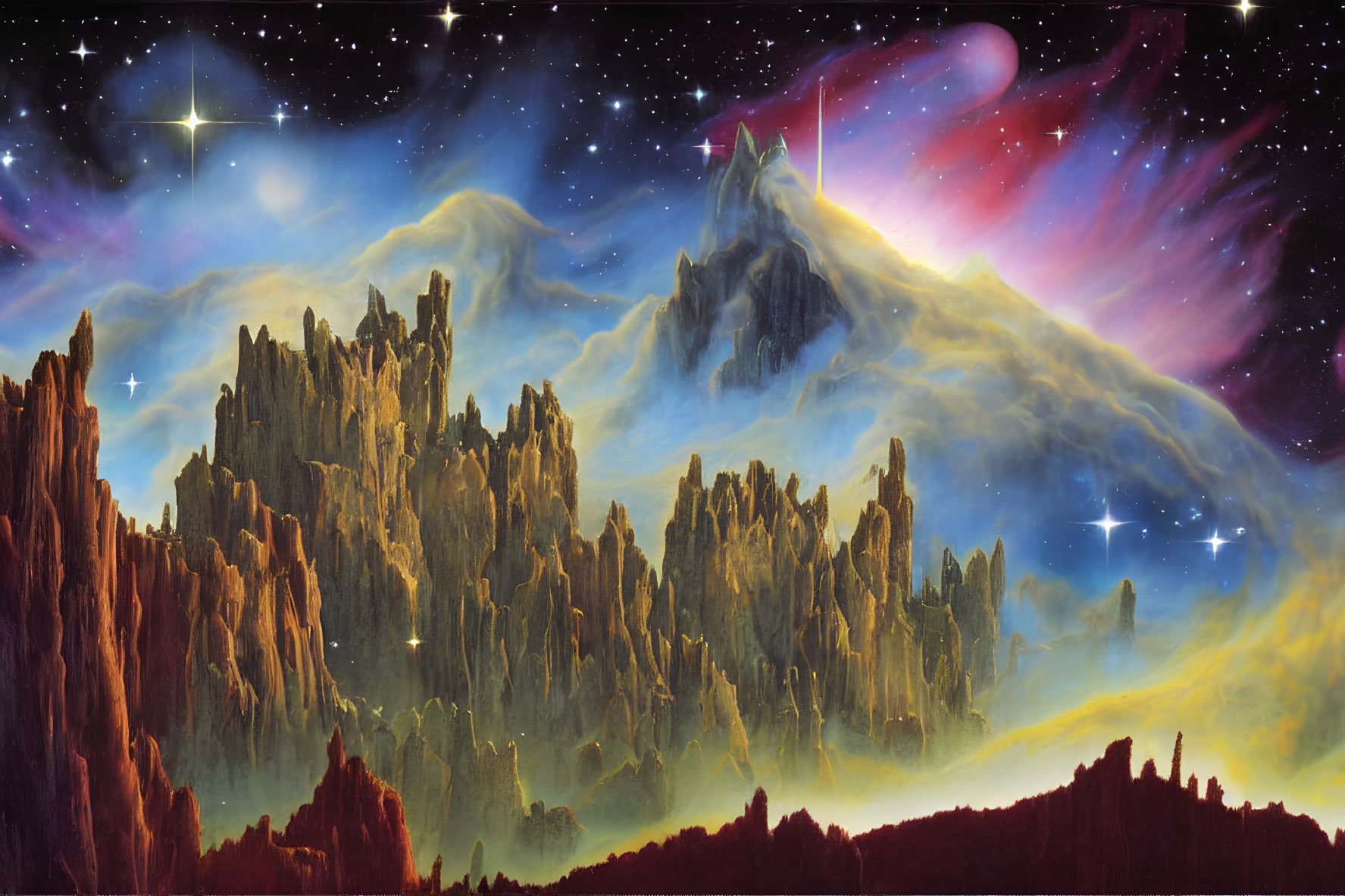 Cosmic Landscape with Towering Rock Formations and Starry Sky