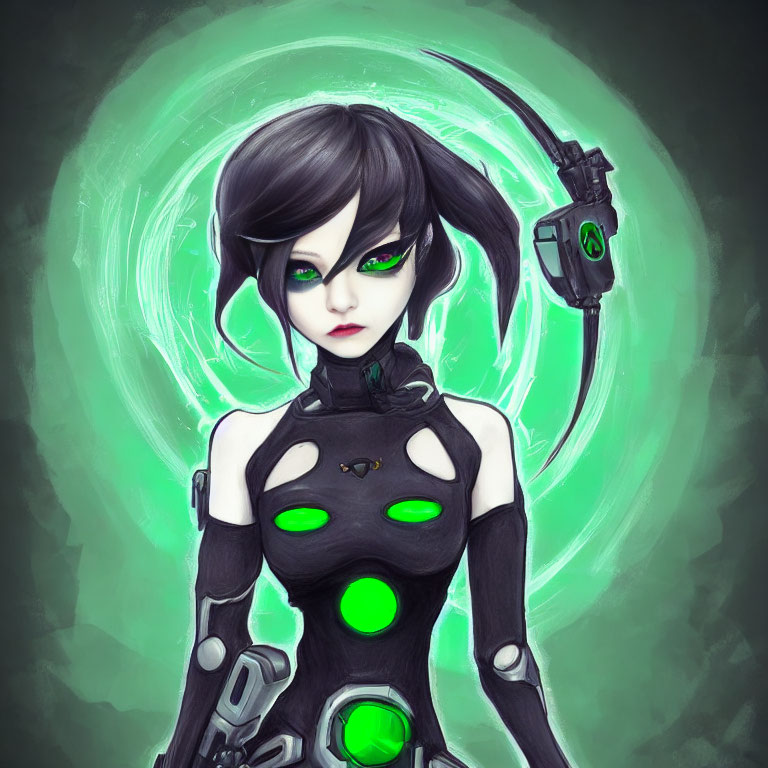 Stylized illustration of female android with black hair and green eyes