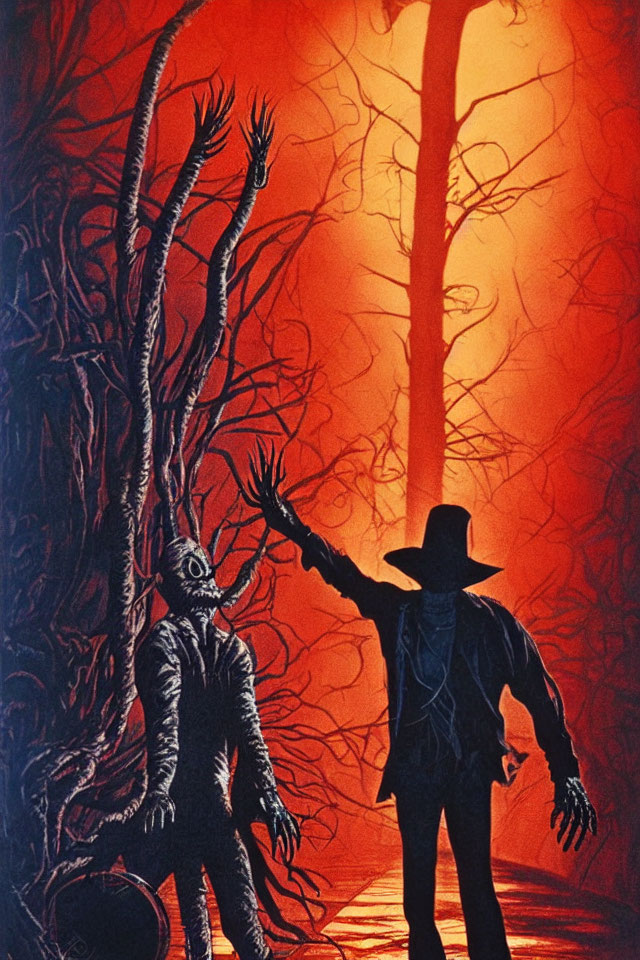 Silhouette of man with hat confronting monstrous creature in red and orange forest.