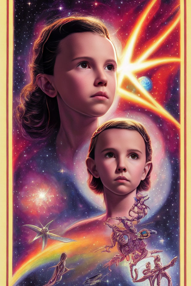 Stylized portrait of young girl with cosmic background