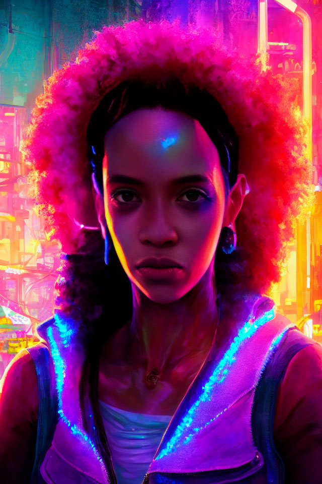 Prominent afro woman in neon-lit cyberpunk cityscape