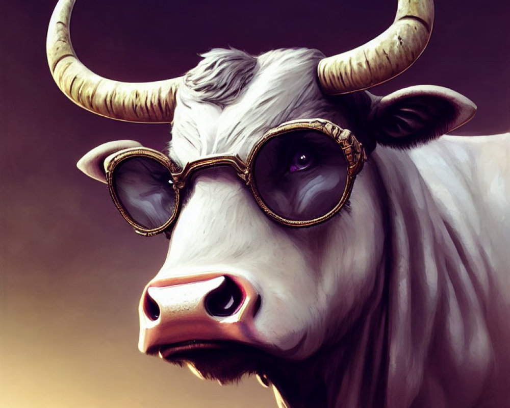 White cow with horns in steampunk glasses on warm background