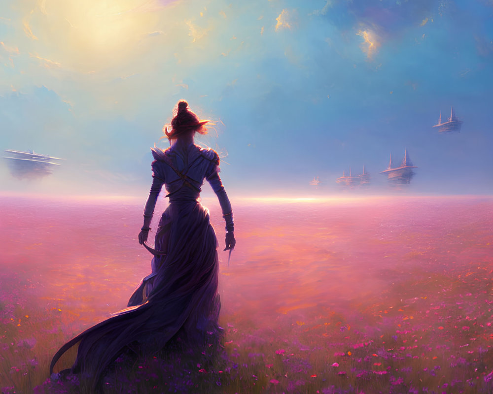 Woman in Long Coat Standing in Flower-Filled Field at Sunset