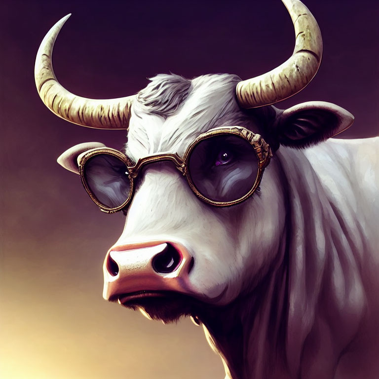 White cow with horns in steampunk glasses on warm background