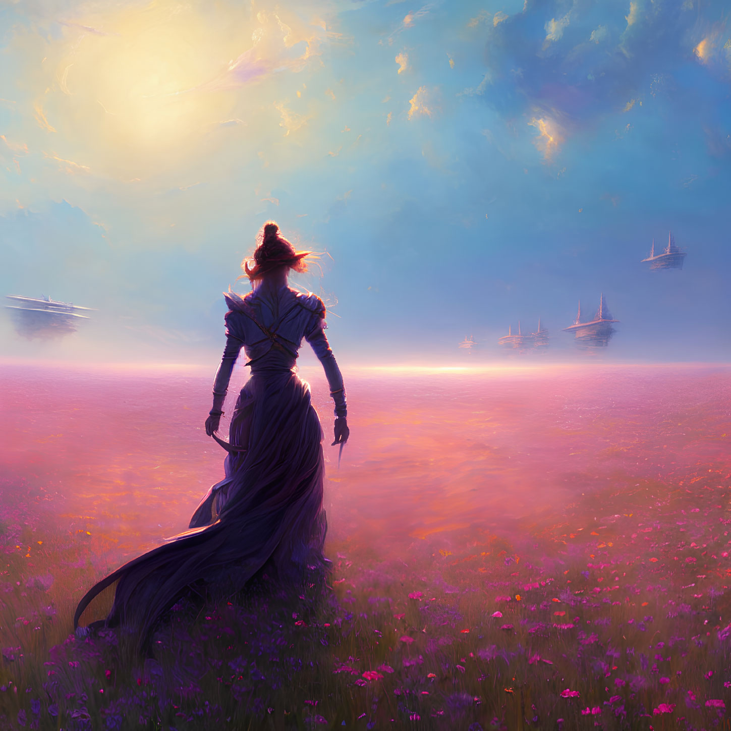 Woman in Long Coat Standing in Flower-Filled Field at Sunset