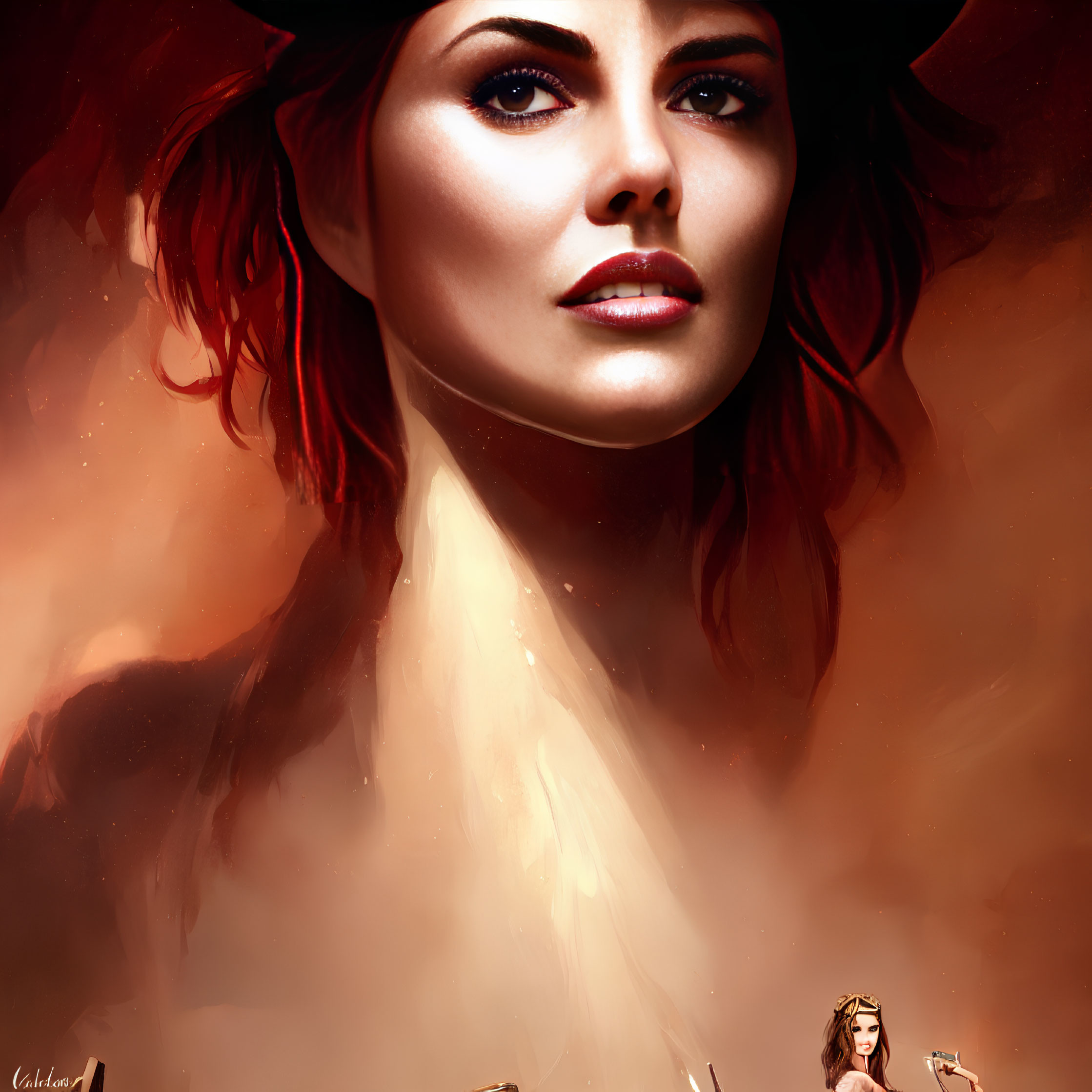 Intense-eyed woman with red hair and hat in fiery, ethereal portrait